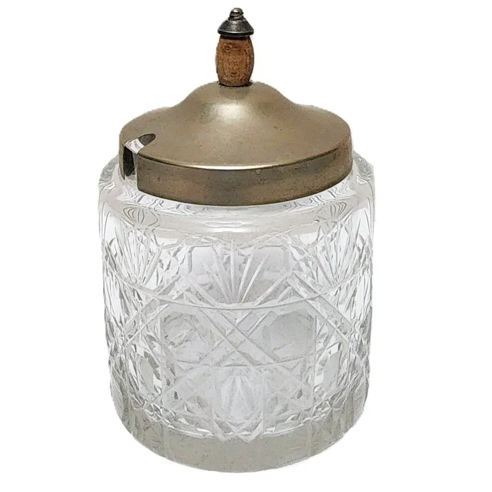 Sugar Cube Crystal Cut Glass Jar EPNS w/Metal & Wood Pull Lid RARE Antique